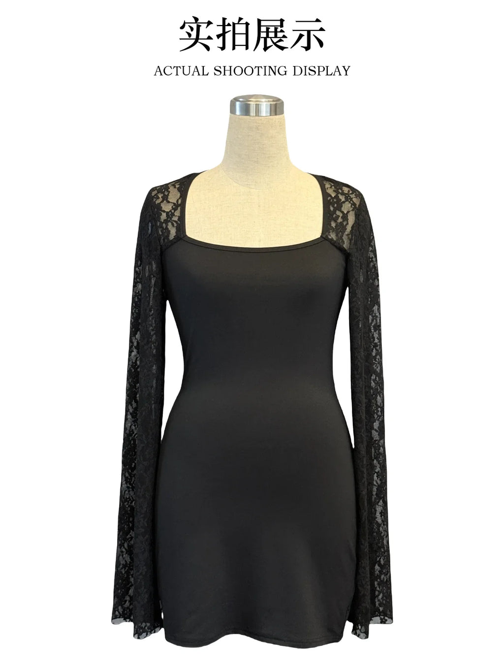 2026 Autumn New Flare Sleeve Split Lace Patchwork Square Neck Bodycon Dress Women