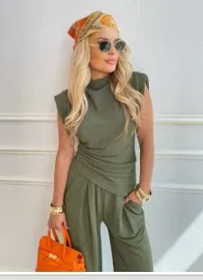 Women's Sleeveless Asymmetric Top & Wide Leg Pants Set Solid Color High Waist Casual Two Piece Outfit Office Lady Simple Set