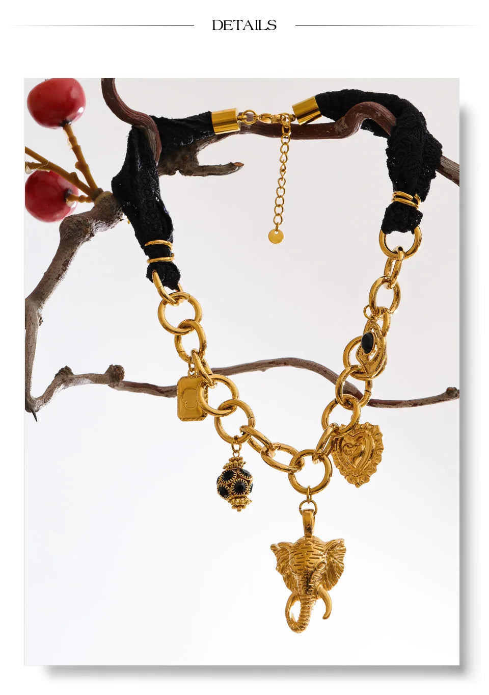 Yhpup 2025 Black Lace Chain Heart Elephant Pendant Statement Necklace 18K Golden Plated Stainless Steel Charms Handmade Jewelry