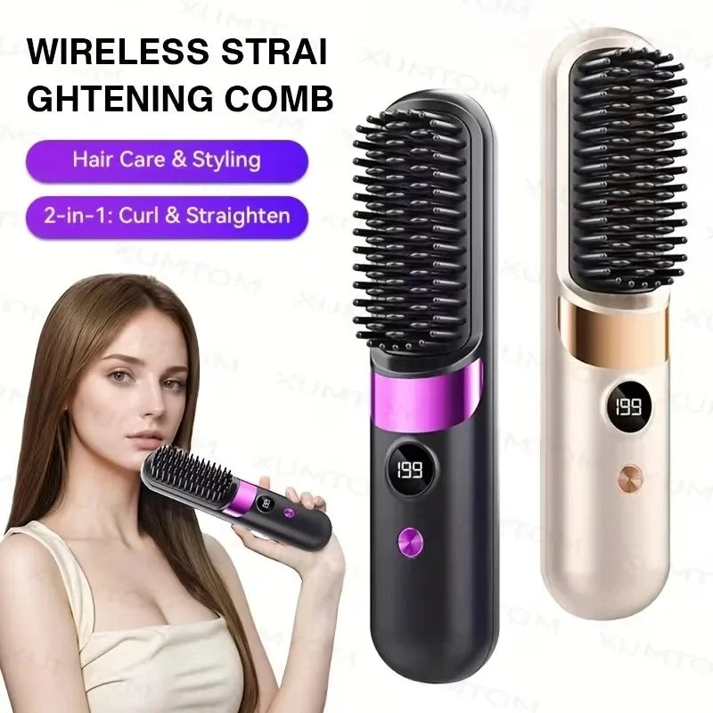 Portable Mini 2-in-1 Hair Straightener and Curler, Wireless USB Rechargeable, For Home & Travel Use, With LCD Display