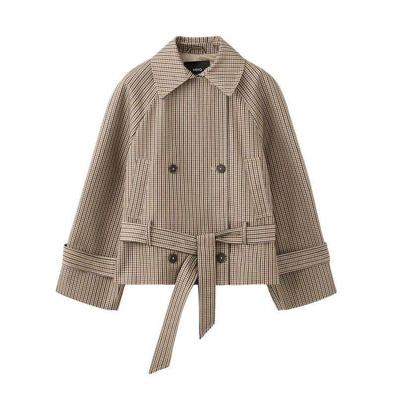 Elegant Plaid Patchwork Women's Jacket Loose Full Sleeve Stand Collar Single Breasted Outwear Female 2026 Fashion Autumn Outwear
