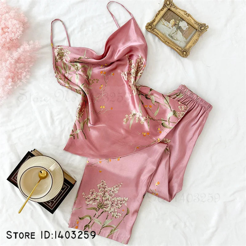 Sexy Suspender Pajamas Set Summer Women Satin Sleepwear Trouser Suits Print Flower Pyjama Pour Femme Loose Home Wear Pijamas