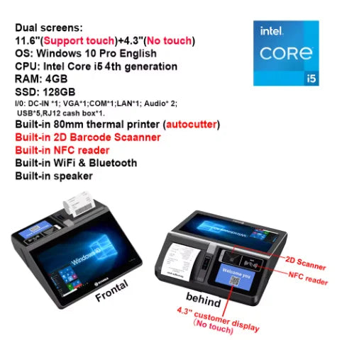 11.6inch Desktop /Wall-mounted Windows & Android Cash Register POS Systems with 80mm Autocutter Thermal Receipt & Label Printer