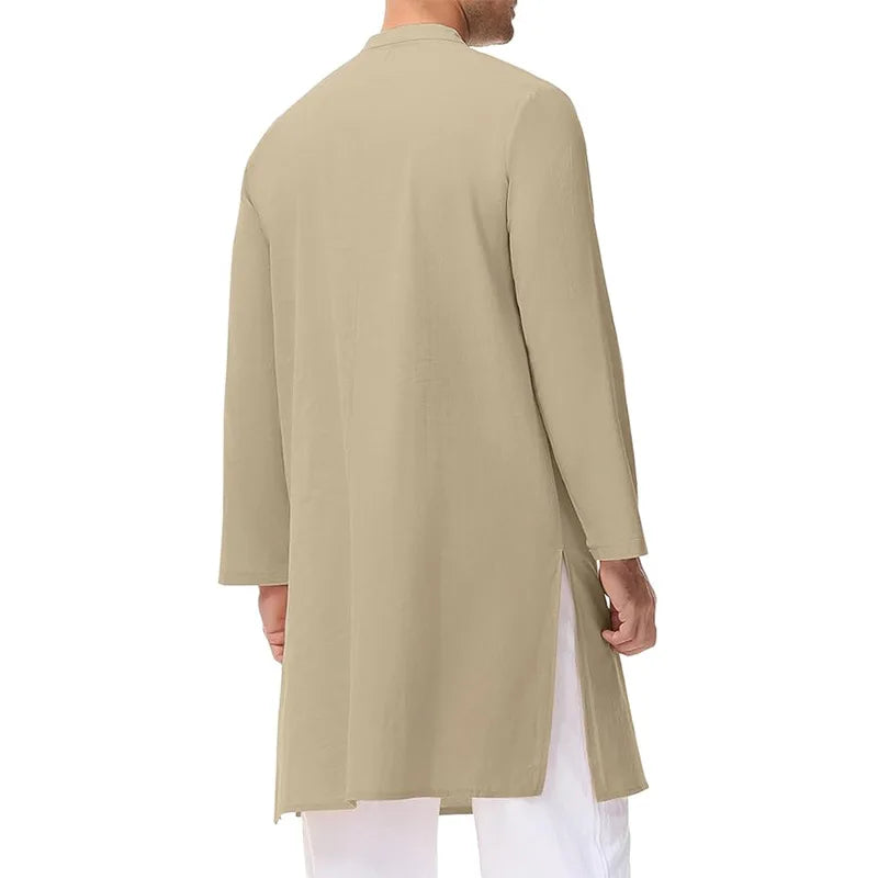 2025 New Fashion Men's Cotton Long Sleeve Stand Collar Knee Length Casual Trendy Solid Color Jubba Thobe Male Muslim Clothes