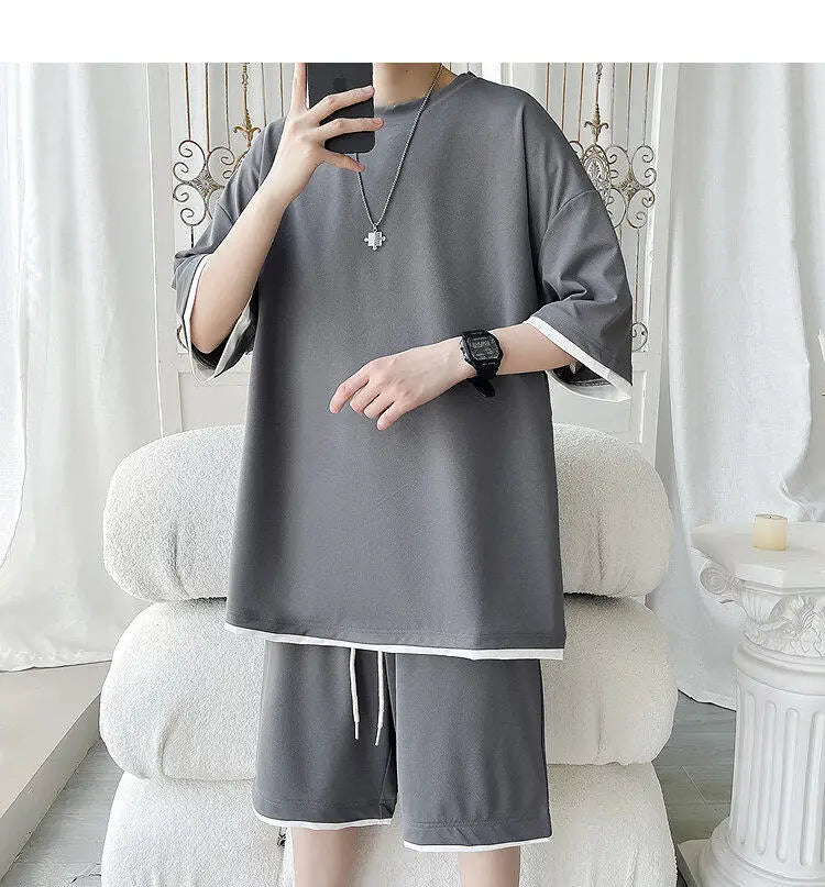 Men's Solid Color 2-Piece Outfit Short Sleeve T-Shirt & Drawstring Elastic Waist Shorts Set Casual Lounge & Streetwear Clothing