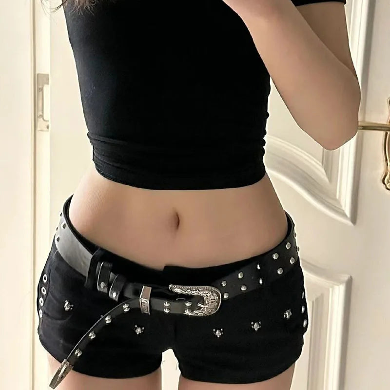 American Sexy Low Waist Black Shorts Women Skull Rivet Streetwear Y2K Denim Super Shorts Woman Punk Night Club Girls Short Jeans
