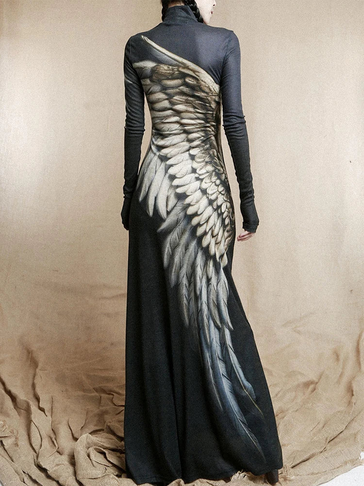 CHEERART Vintage Wing Feather Long Sleeve Dresses Fall 2025 Fashion Woman Turtleneck Mesh A Line Maxi Dress Evening Luxury