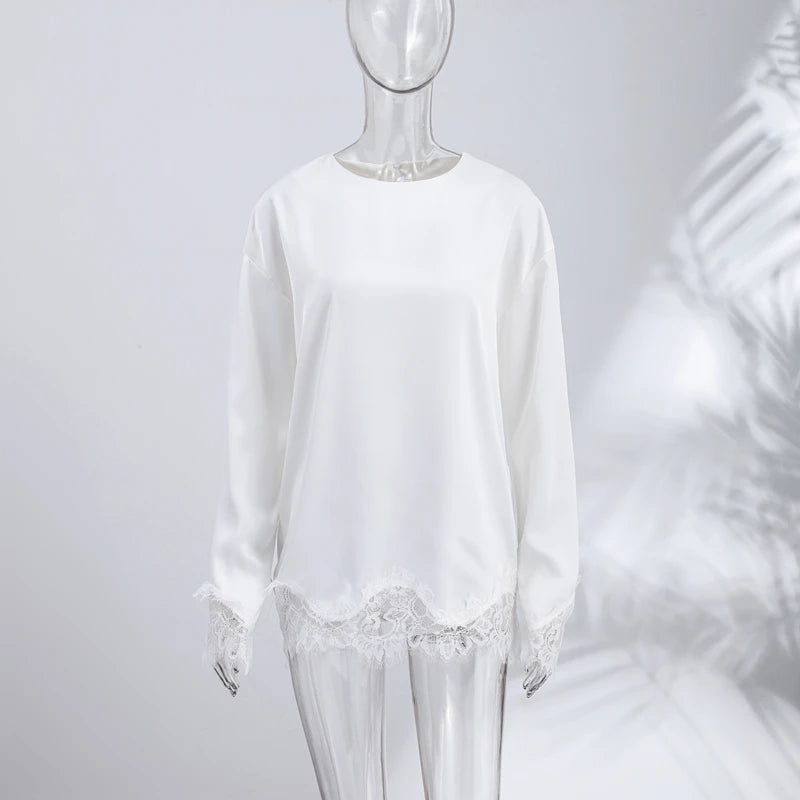 Elegant Lace Loose Dress Women Solid O-neck Full Sleeve Patchwork Dresses Female 2026 Summer White Robe Lady