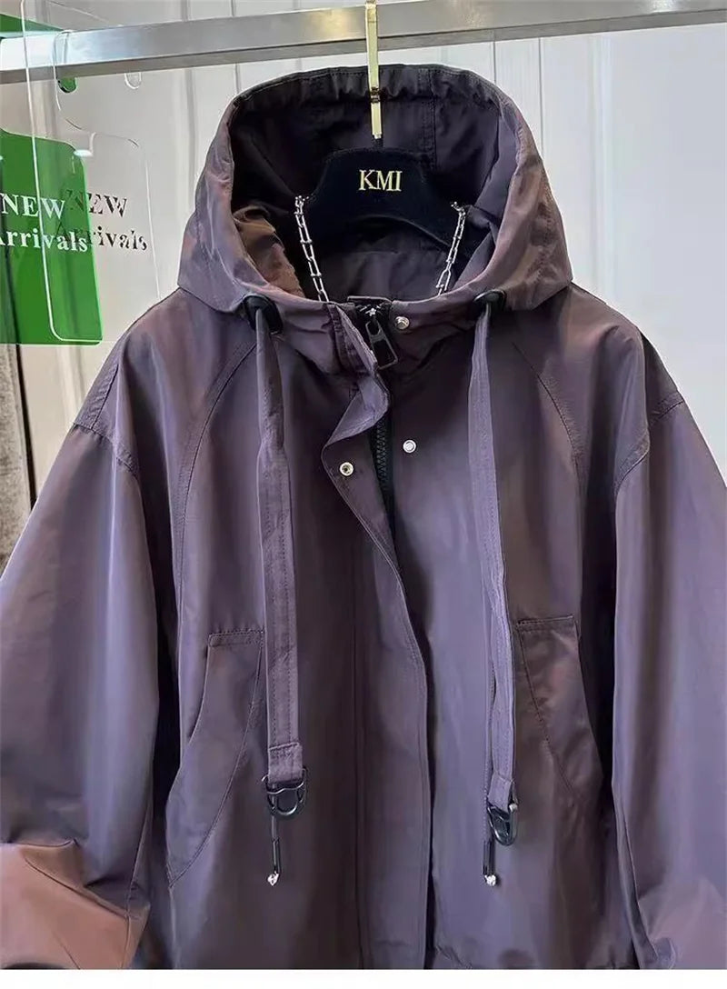 Korean Trench Coat Women 2026 Spring Autumn New Loose  Long Sleeve Casual All-Match Hooded Windbreaker Outerwear Ladies Overcoat
