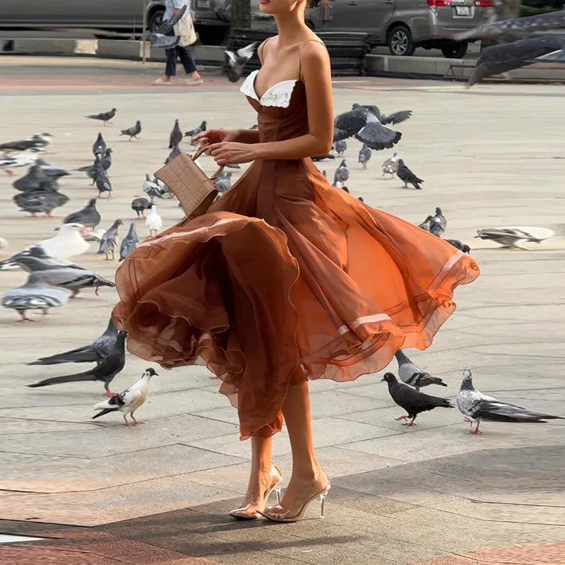 Elegant Pleated Women's Dress Sleeveless Backless Patchwork Waist-Closed Ruffle Hem Sling Maxi Dresses 2026 Summer Female Robe