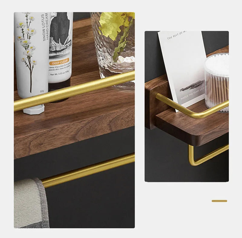 Brushed Gold Solid Wood Bathroom Shelf Wall Mounted Bathroom Storage Rack Towel Rack Bath Shower Shelf Bathroom Shelves