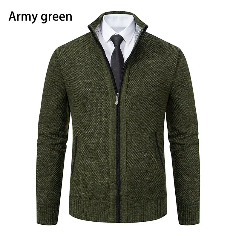 2025 Autumn and Winter New Jersey Men's Casual Sports Coat Solid Color Stand Collar Sweater Grab Fleece Warm Zipper Cardigan