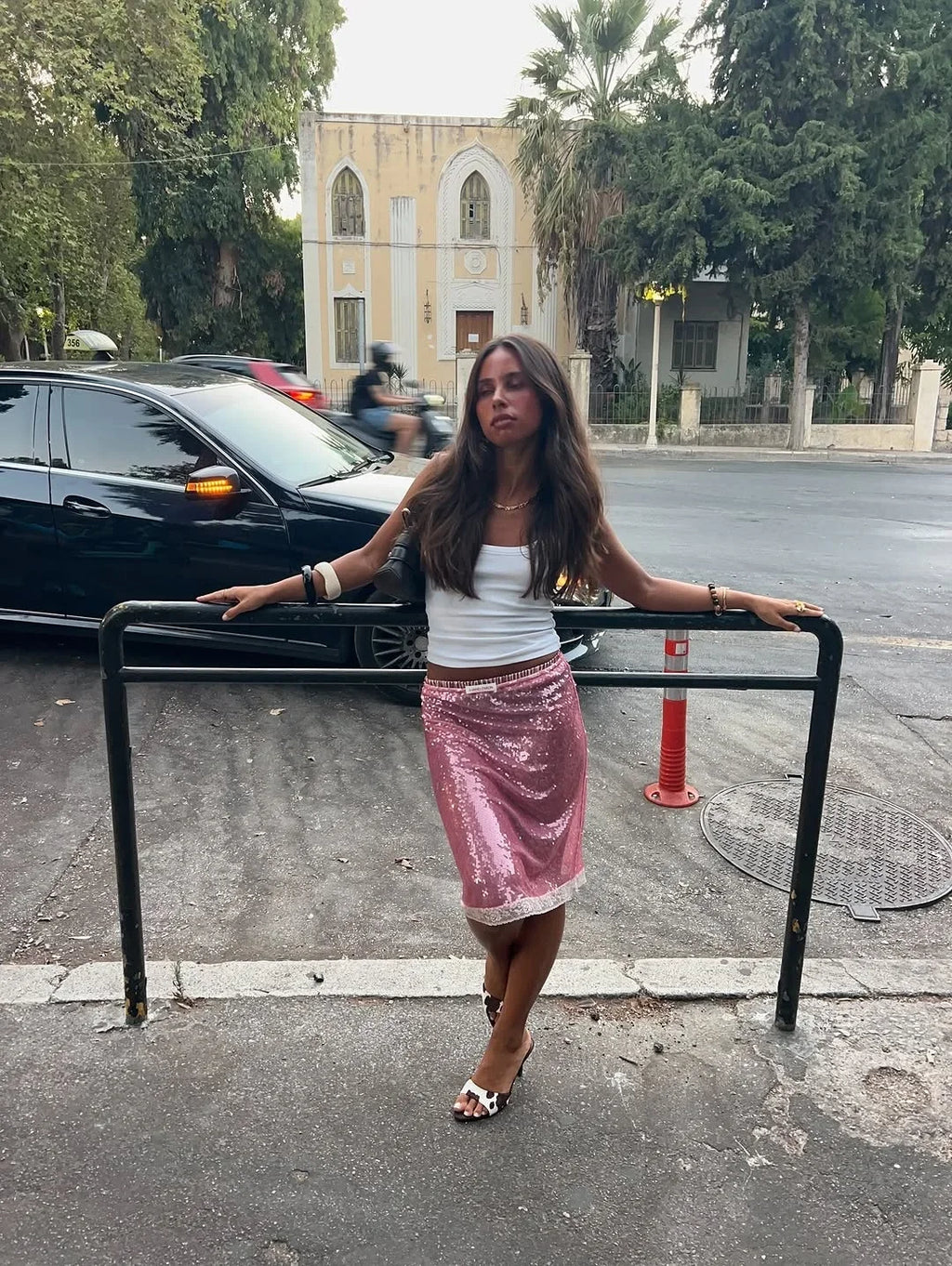 Sexy Pink Sequin Midi Skirt Women Ruched Lace Patchwork Elastic Waist Bodycon Pencil Skirts Lady Club Party Dating Glitter Wear