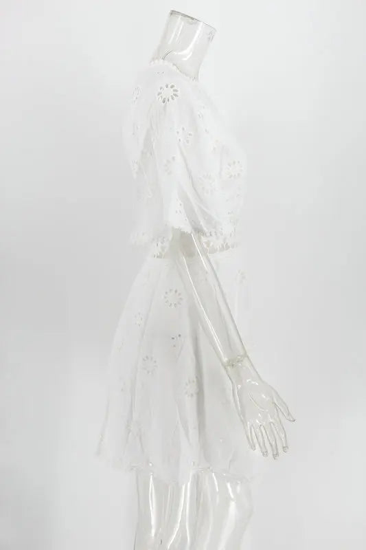 WildPinky Flare Sleeve Cotton White Lace Dress Women Casual Ladies Summer High Waist Short Dress Backless Hollow Out Vestidos