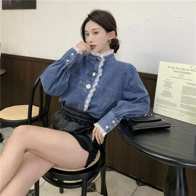 2025 Spring Lace Denim Shirt Women Fashion Patchwork Long Sleeve Blouse Female Loose Stand Collar Button Down Jean Shirts Woman