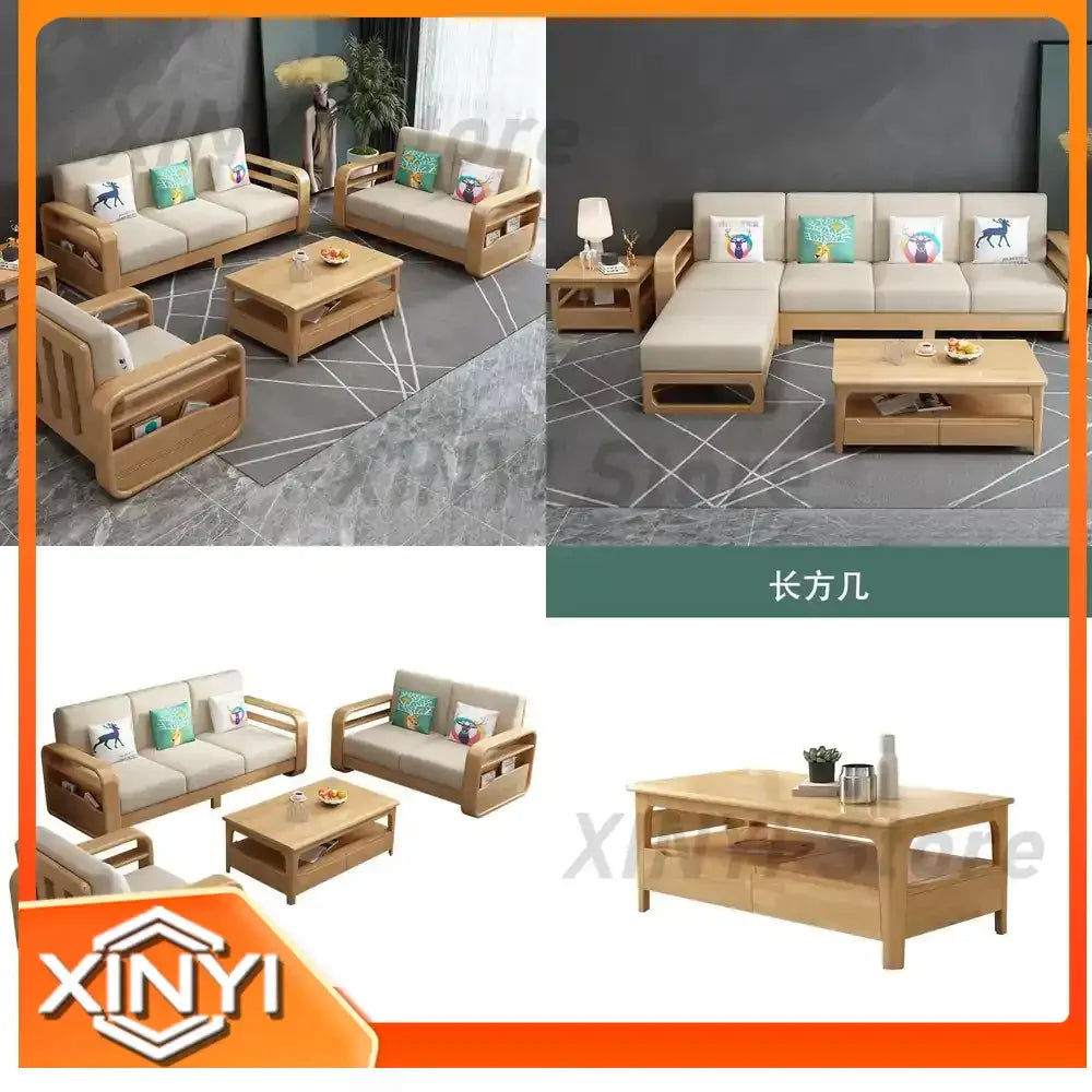 All Solid Wood Sofa and Nordic Living Room Coffee Table Combination for Modern Home Decor