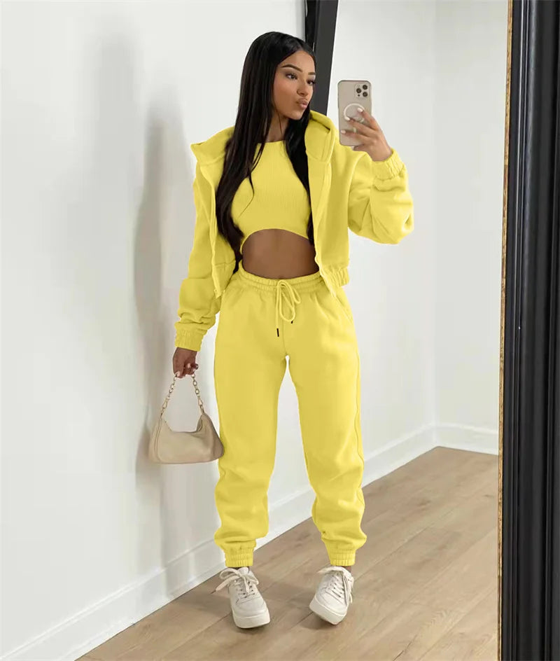 Active Wear 3 Piece Sets Womens Outfits Tracksuit Hooded Jacket Top + Vest + Sweatpants Sporty Suit Fitness Casual Matching Sets