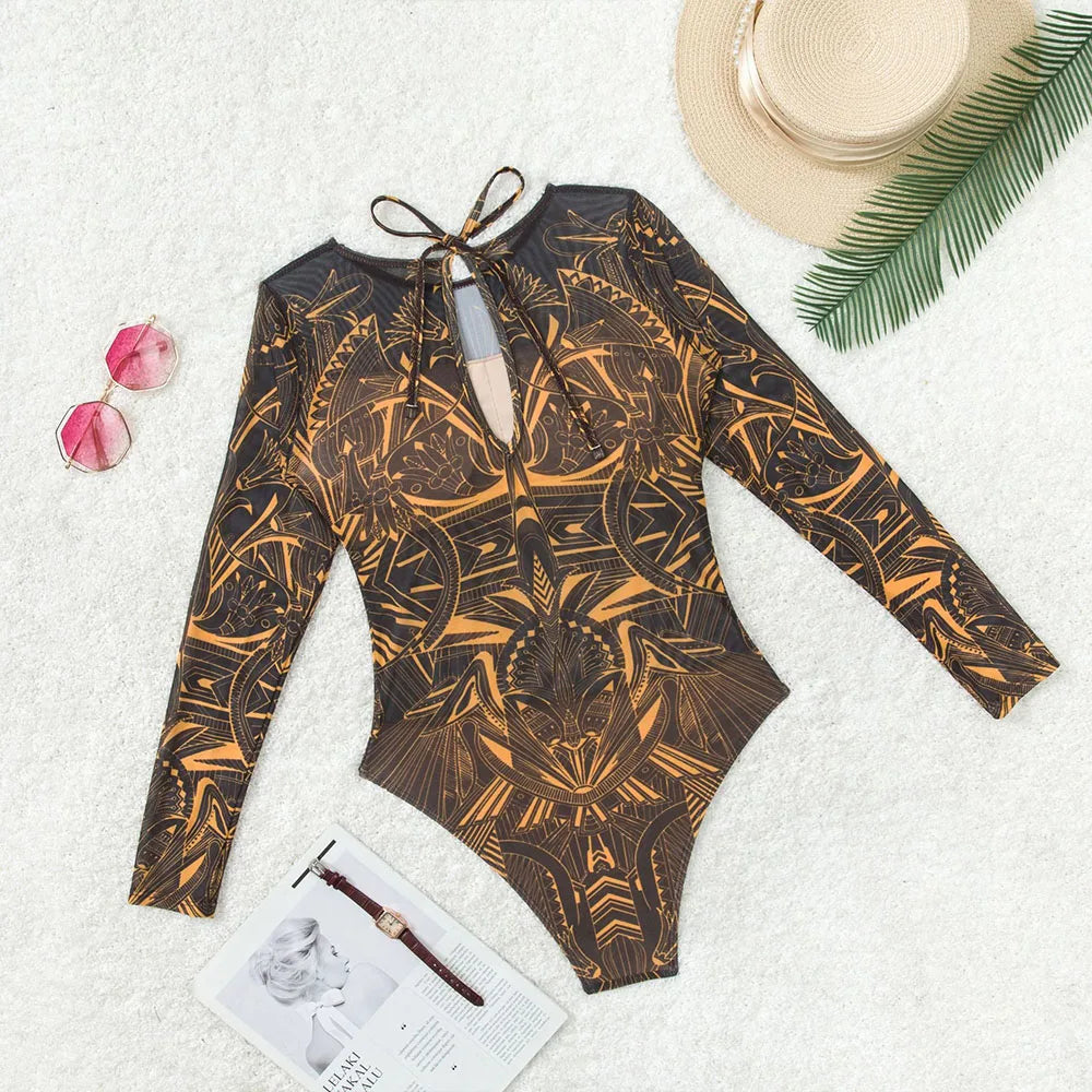NEW Print Patchwork Sports Swimsuit for Women,Long Sleeve Zipper Conservative Bikini Monokini,beach Vacation Suit 2025