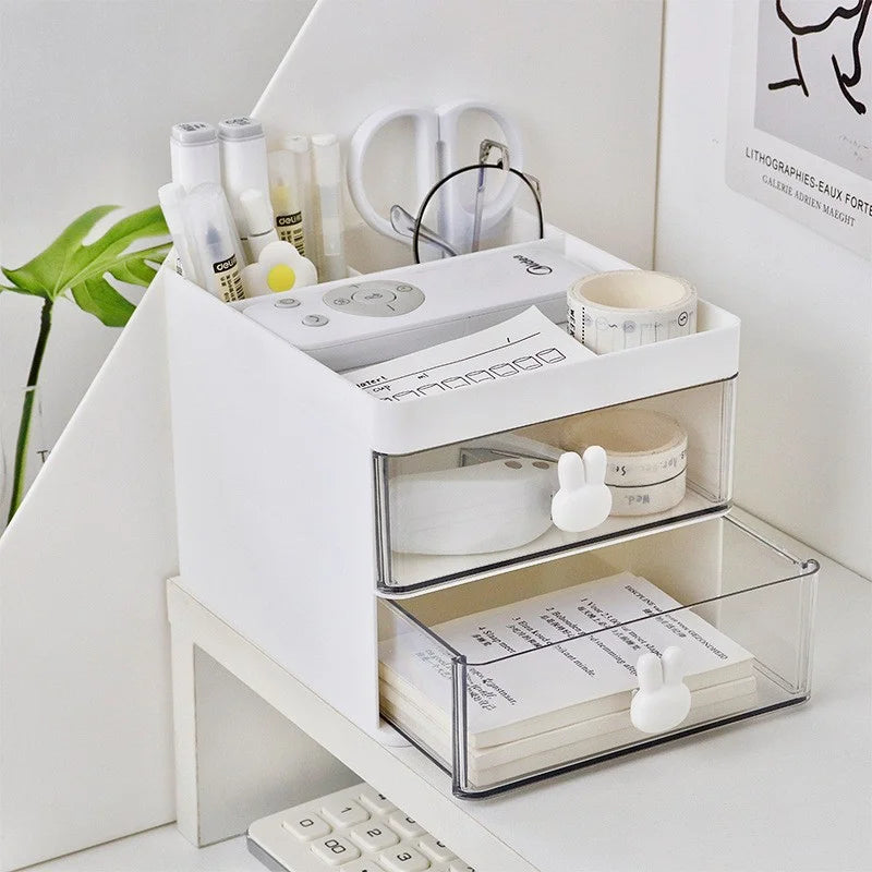 Desk Organizer with 2 Drawers, Multi-Compartment Plastic Desktop Storage Box for Stationery, Makeup & Office Supplies