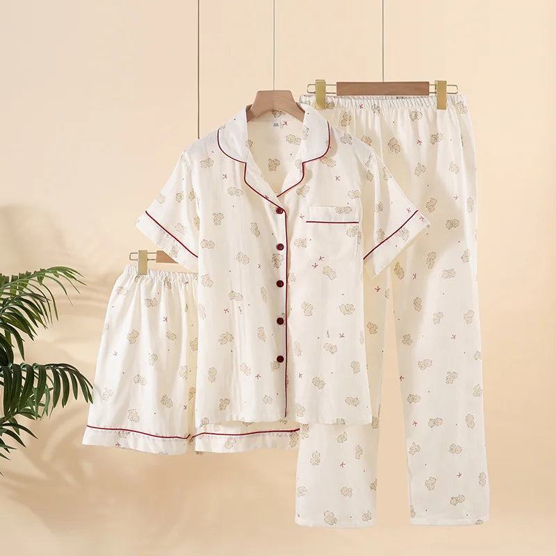Three-piece Japanese-style pajamas women spring and summer autumn 100% cotton gauze short-sleeved shorts trousers summer suit ho