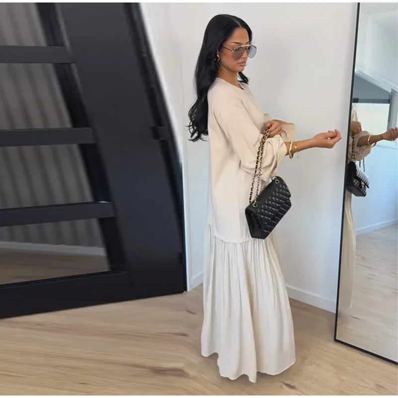 Solid Color Loose Fit Flare Sleeve Tiered Dress Crew Neck Ruffle Hem Pleated Long Maxi Dresses 2026 Spring Chic Casual Outwear