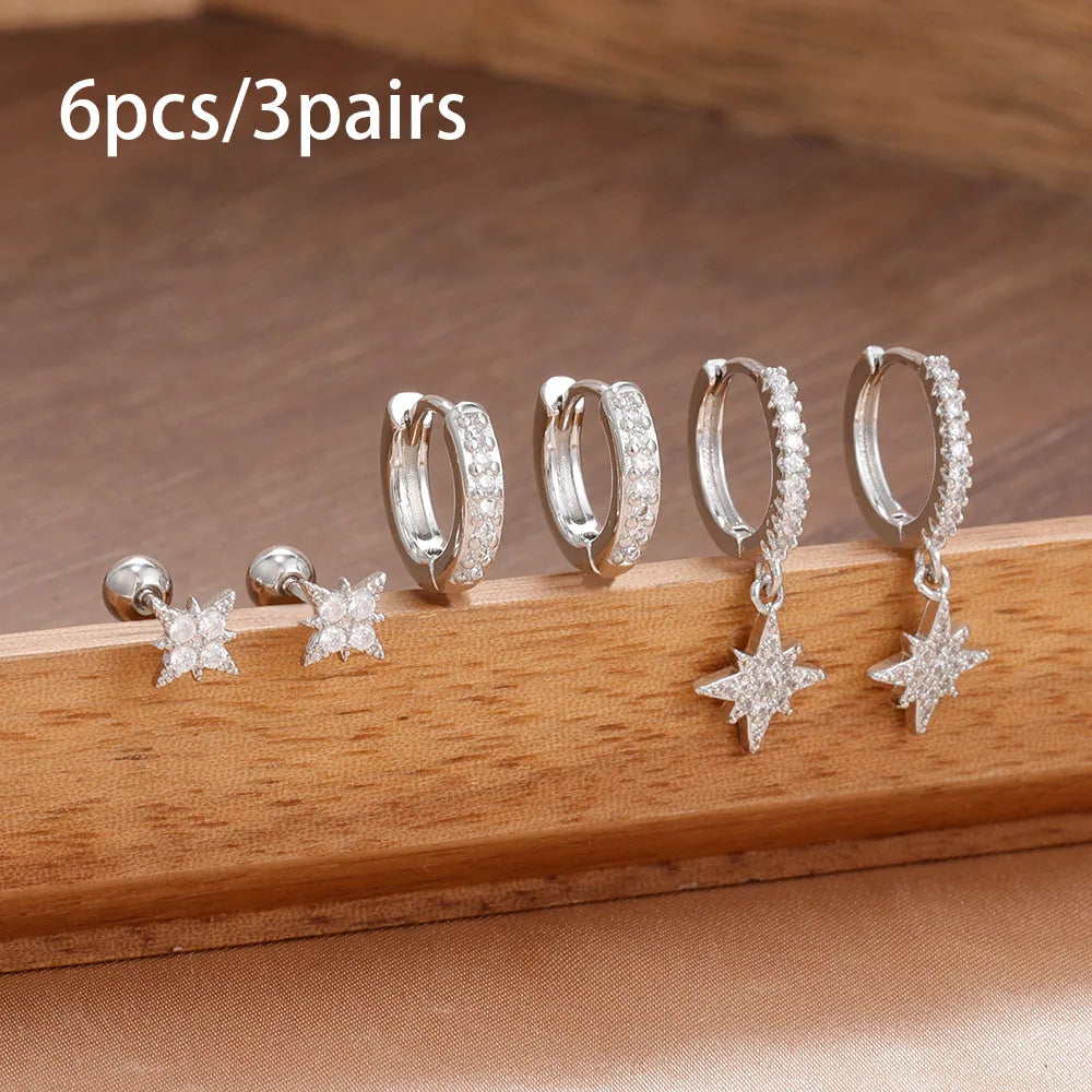 3 Pairs Stainless Steel Zircon Hoop Earrings Set Trendy Twinkle Star Ear Stud Earring Jewelry Prevent Allergy Party Accessories