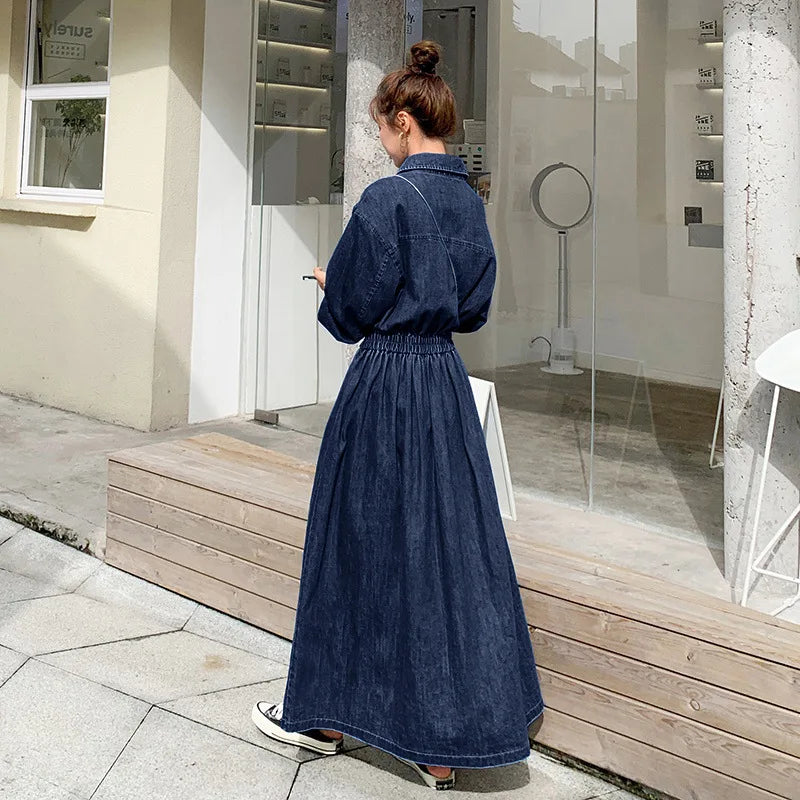 Denim long dress women A-line high waisted long sleeves casual roupas femininas