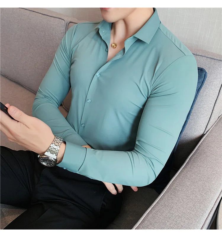 Men's Ultra Stretch Seamless Long Sleeve Shirt Top Quality Business Casual Breathable Stretchable Solid Color Formal Dress Shirt
