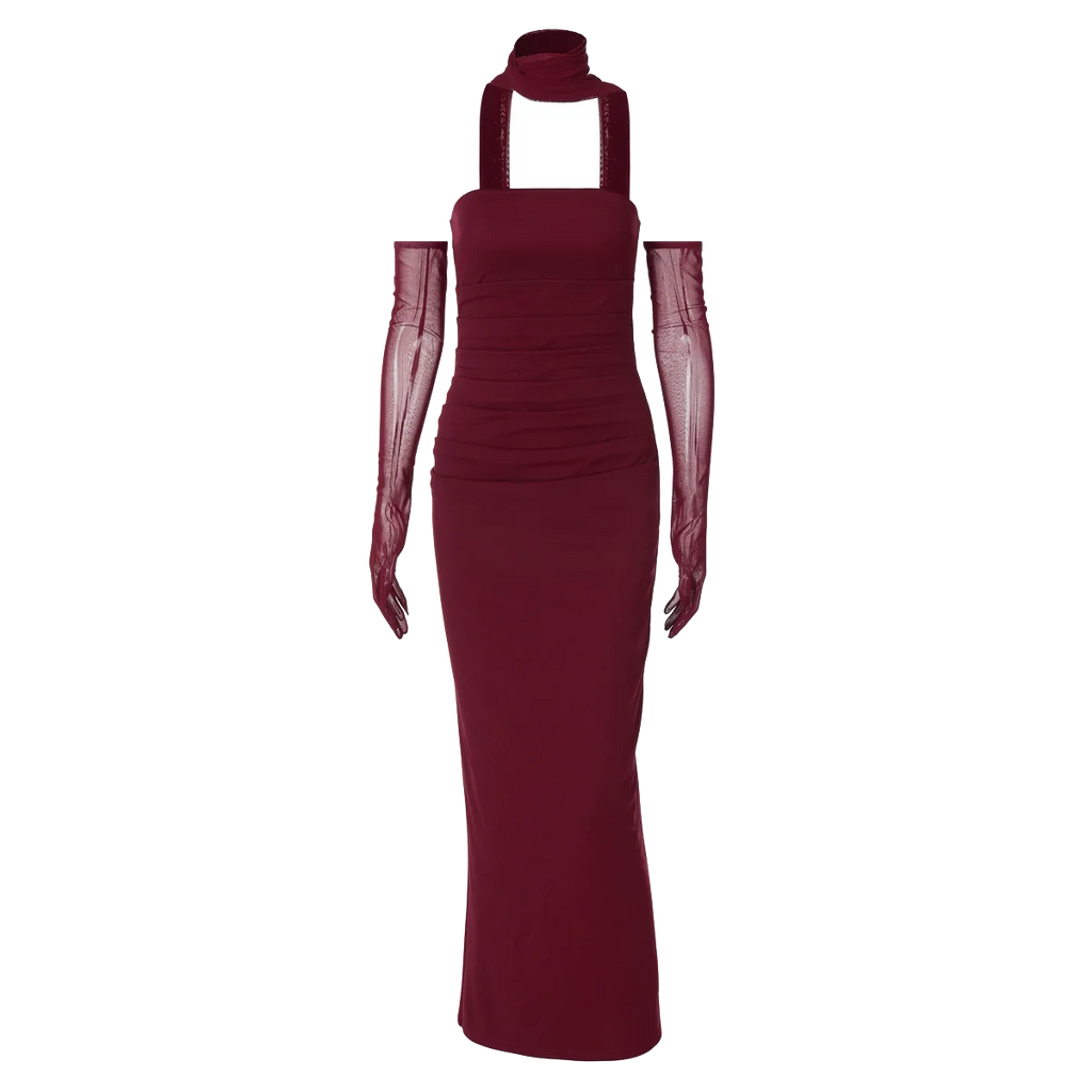 Hugcitar Elegant Scarf Strapless Solid Mesh Gloves Sexy Bodycon Maxi Prom Dress Women Fashion Y2K Outfits Wedding Party Birthday