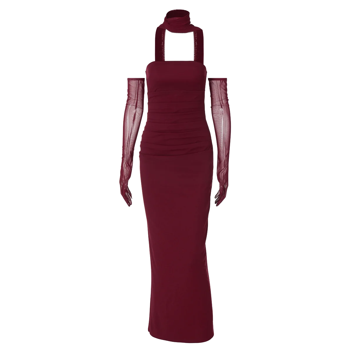 Hugcitar Elegant Scarf Strapless Solid Mesh Gloves Sexy Bodycon Maxi Prom Dress Women Fashion Y2K Outfits Wedding Party Birthday