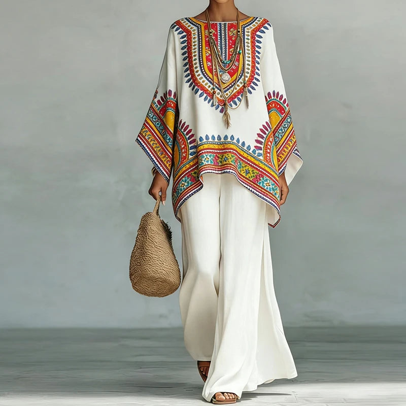 Holiday Wide Leg Pants Loose Two Pieces Sets, Women Summer Print Patchwork Simple Outfit, 2026 O Neck Pullover Top Ladies Suits