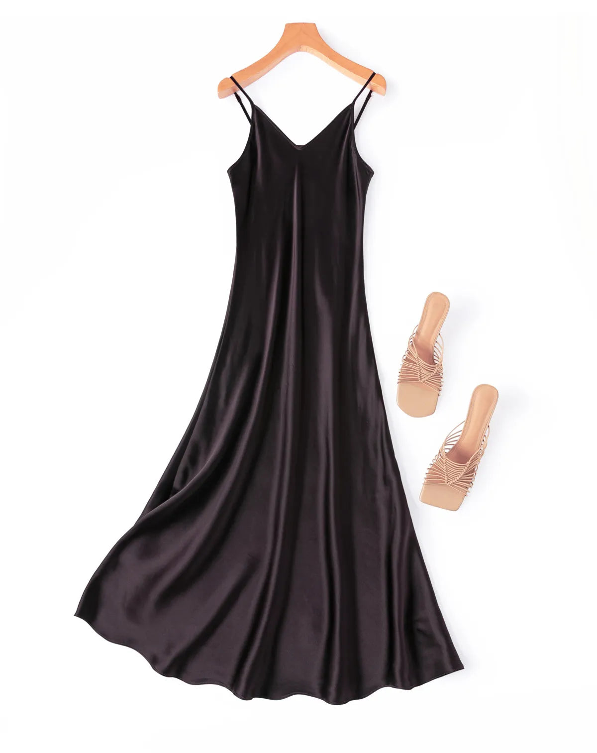 Tcyeek Woman Long Dress, 100%Real Silk, V Neck, Solid Spaghetti Strap Dresses, 2025 Elegant Chic Clothes
