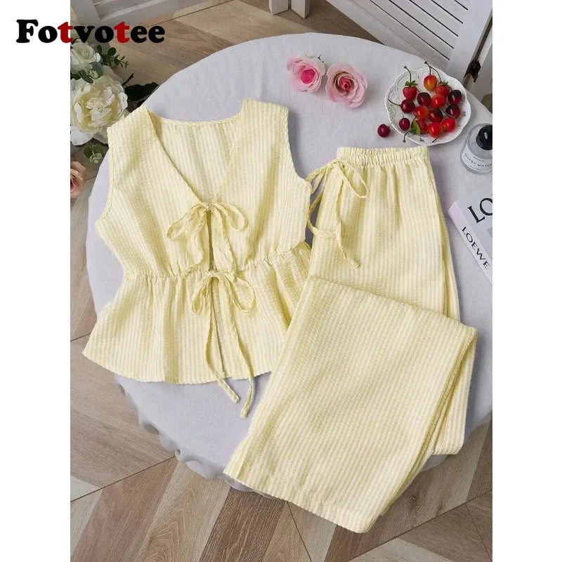 FOTVOTEE 2 Piece Sets Womens Outfits Striped V Neck Lace Up Sleeveless Blouse High Waist Wide Leg Pants Suits Casual Tracksuits