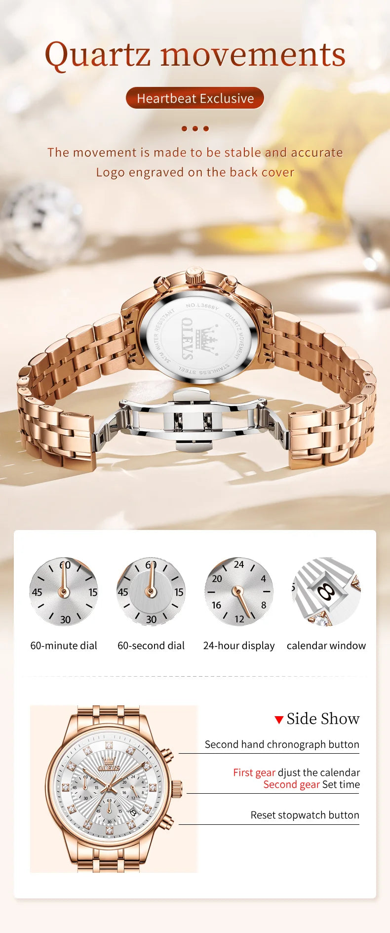 OLEVS 3669 Womens Watch Fashion Brand Waterproof Luminous Multifunctional Chronograph Quartz Watch Date Ladies Watches With Box