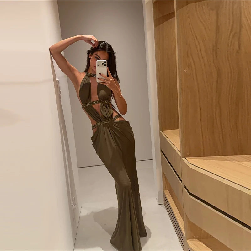 Trendy Nightclub Dress Designers Retro Stylish Minimalist Cutout Draped Ruched Maxi Skirt Women Club Party Outfit