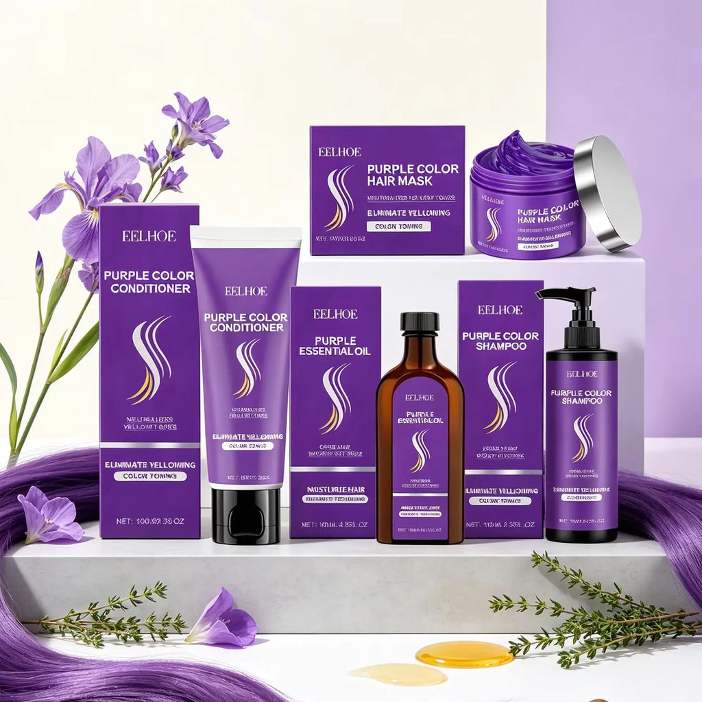 Purple Shampoo for Blonde Hair Eliminate Yellowing Bleached Silver Anti-Fading Purple Hair Mask Conditioner Essential Oil Set