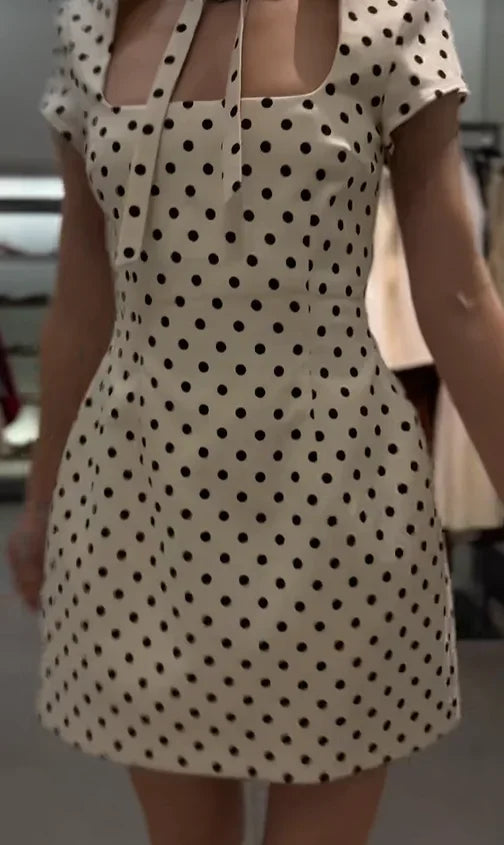 Elegant Lace-up Polka Dot Mini Dress Lady Chic Short-sleeved Waist Cinching Slim A-line Vestidos 2026 Women Evening Party Gowns