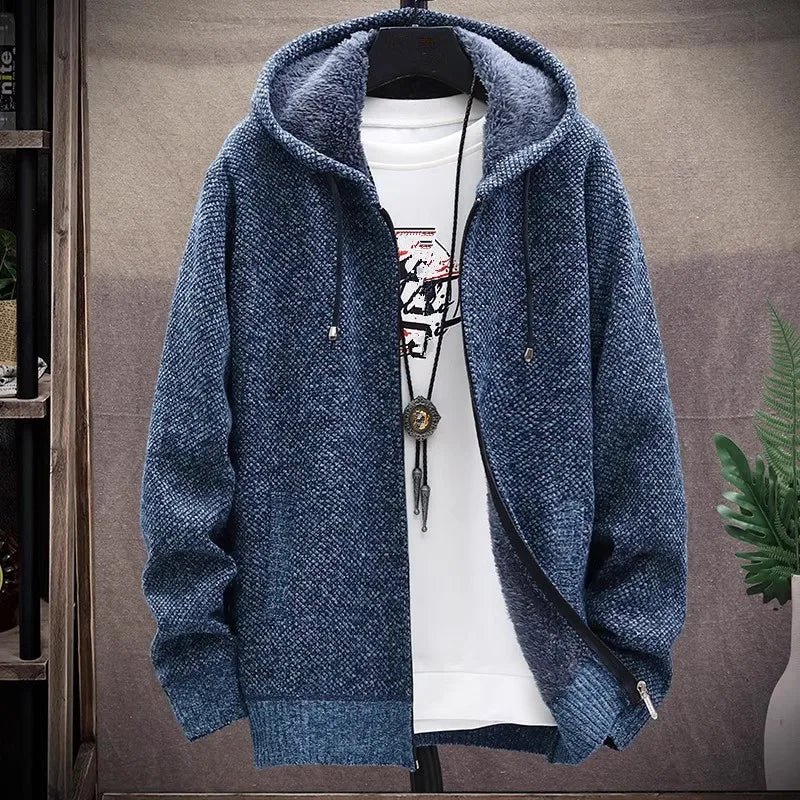 Men‘s Hooded Cardigan Knitted Sweater Winter Thick Fleece Warm Casual Knitwear Coat Solid Color Cardigan Men Hooded Sweaters