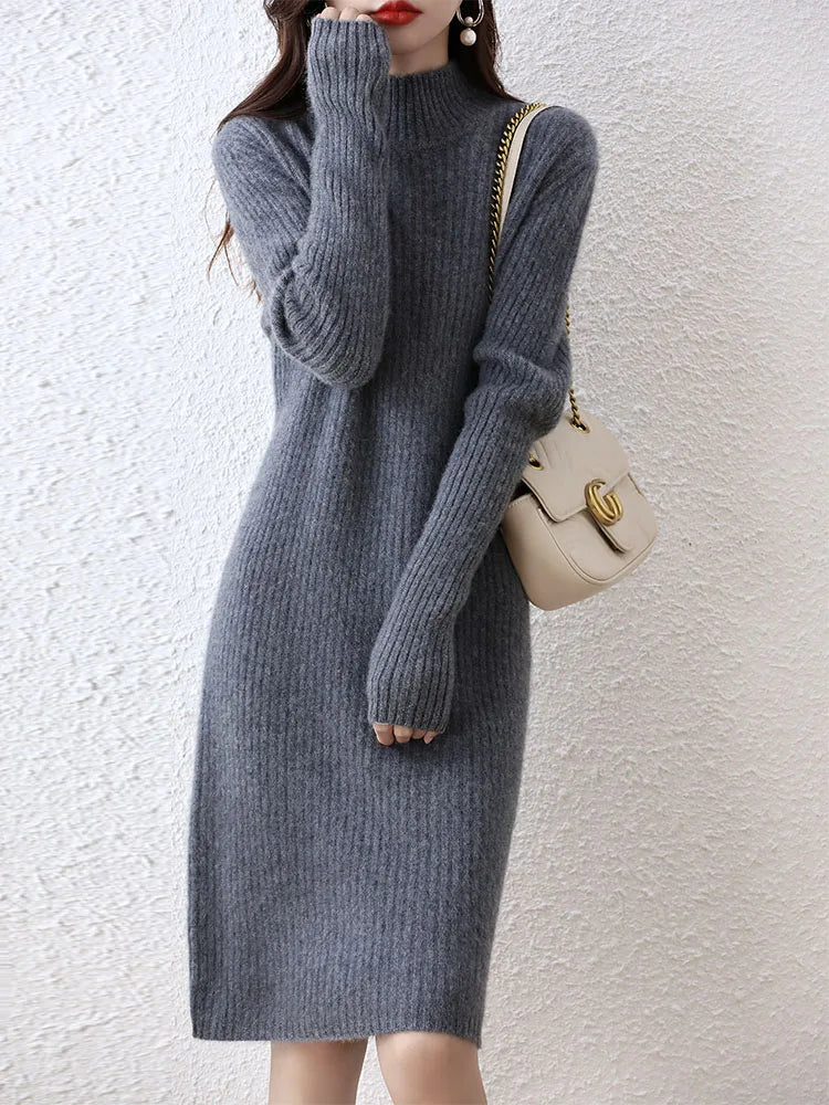 Fashion Cashmere Sweater Womens Knitted Dresses 100% Merino Wool Turtleneck Elegant Dress Autumn Winter Long Sleeve Short Skirts