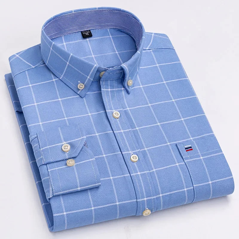 Men's 100% Cotton Smart Casual Shirt Long Sleeve Plaid Oxford Casual Solid Color Print Regular Fit Dress Shirt Oversized  6XL
