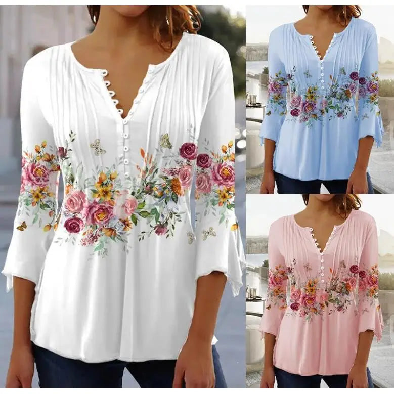 Floral Print Collar Short Sleeve Pleated Tshirt Women's Fashionable Printed Top Seven-Quarter Sleeve Hoodie for Ladies