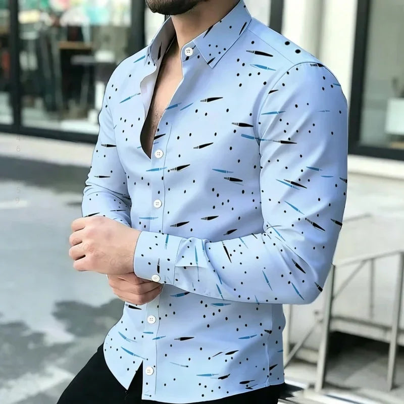 2026 New Men's Shirt Personalized Printed Long Sleeve Shirt Black Brown Contrasting Design Sense Shirt Street Trendy Men's Wear