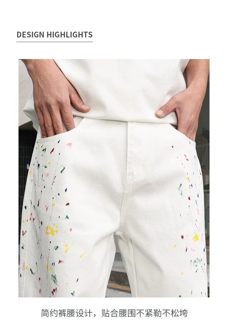 Men's Color Ink White Denim Jeans Cityboy Streetwear Fashion Hip Hop Loose Casual Wide Leg Baggy Jeans Y2k Pants