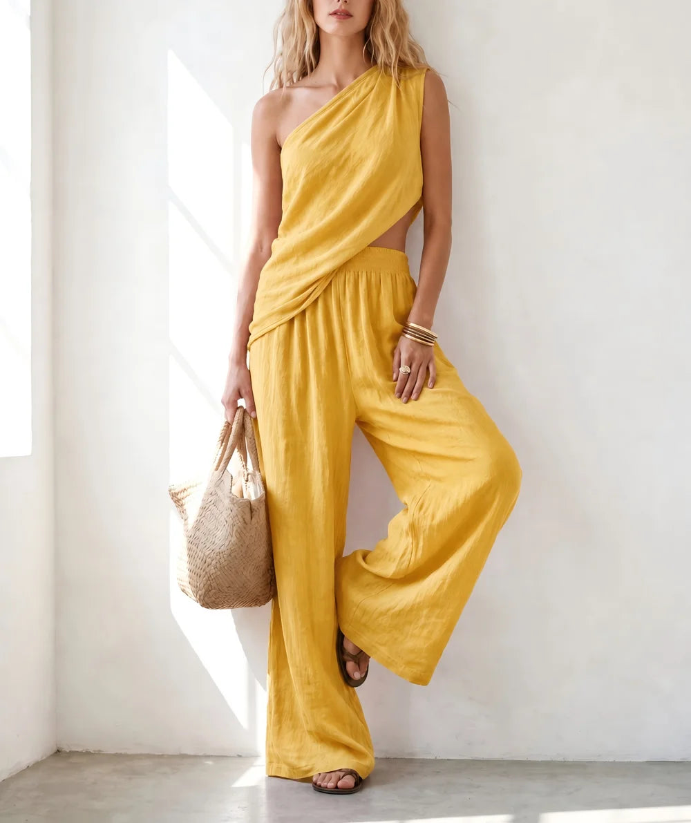 Summer Women Slant Shoulder Top & Wide Leg Pants 2 Piece Outfit Cotton Linen Casual Matching Suit