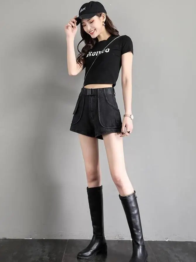 Punk Womens Denim Shorts Cargo Black Biker Short Pants For Women To Wear With Waist Pocket Outdoor Offer High Quality Hot Jeans