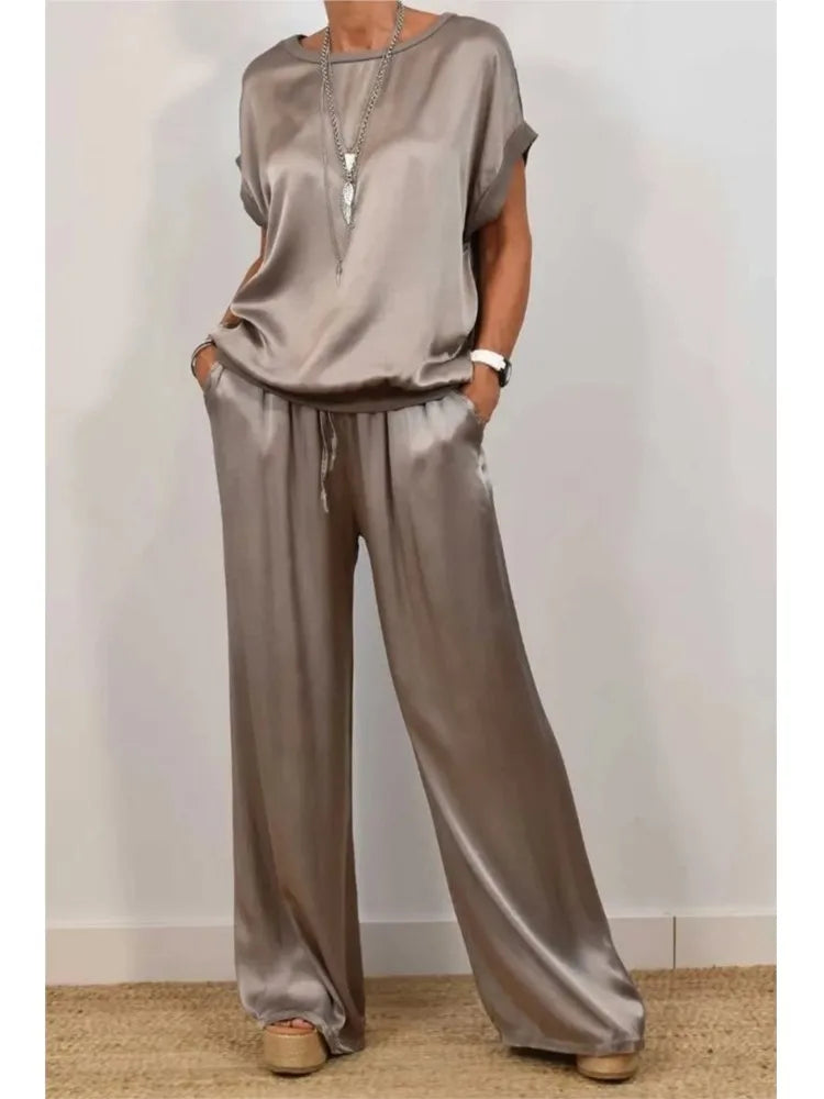 Spring Summer Fashion Solid Smooth Satin Two Piece Sets New Women's O-neck Short Sleeve Top + Wide Leg Pant Casual Loose Set