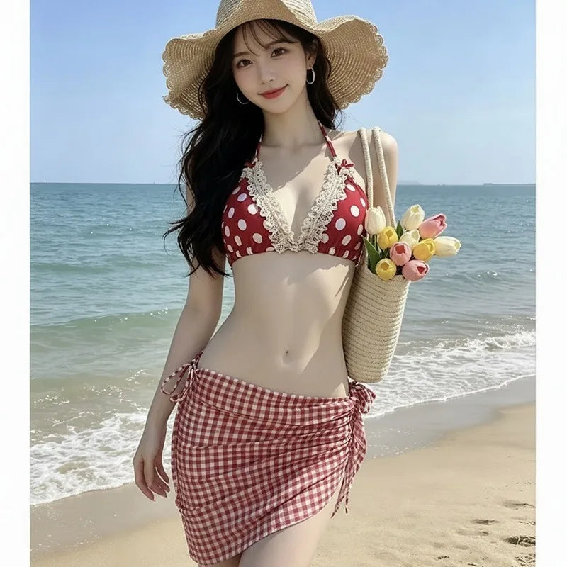 Women Summer Sexy Polka Dot Lace Ruffle Bow Halter Tie Bikini Tummy Control Slim Split Swimsuit Beach Vacation Pool Bathing Suit