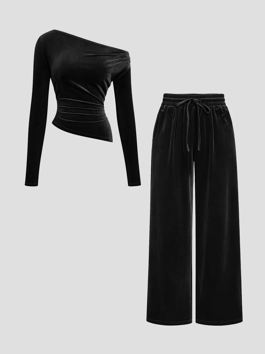 Women Velvet 2 Piece Outfit Asymmetrical Off Shoulder Long Sleeve Ruched Top & Drawstring Wide Leg Pants Set