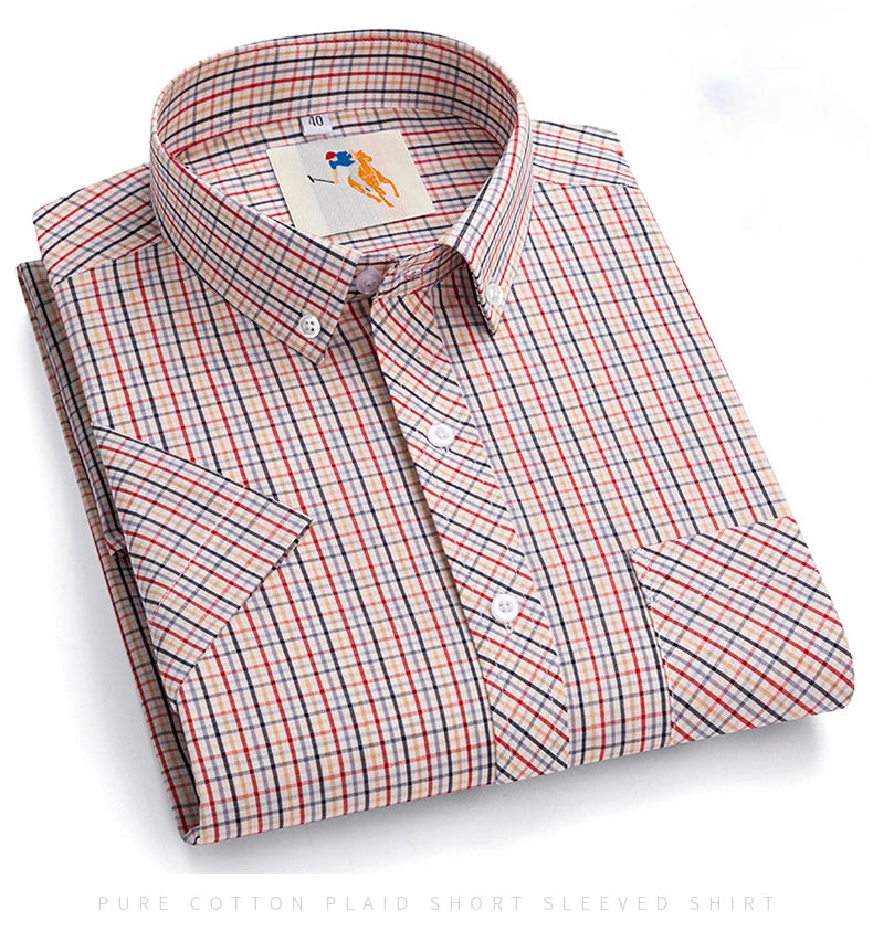Fashion Korean Plus Size 8XL 100%Cotton Short Sleeve Shirts for Men Slim Fit Formal Plain Shirt Plaid Hawaiian Shirt Casual Top