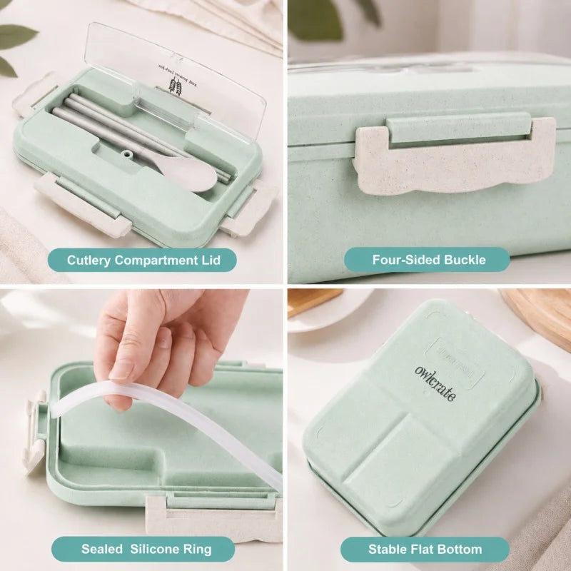 Wheat Straw Lunch Box Microwave‑Safe Portable Bento Box with Tableware Food Storage Container for Kids School Office